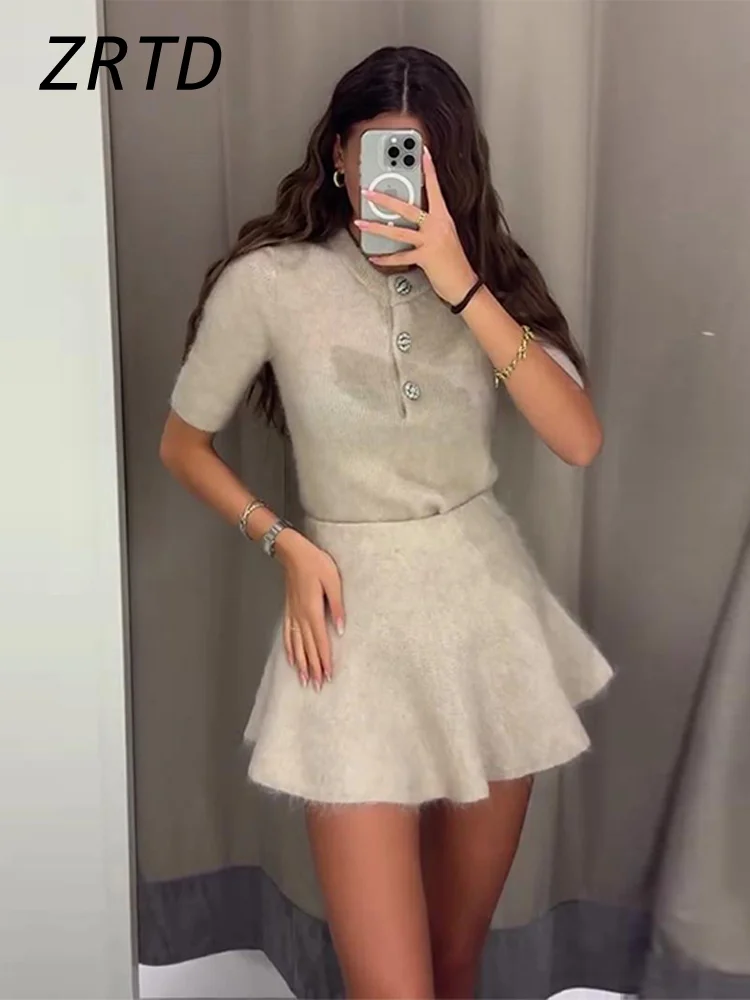 Sexy Knitted Mohair T-shirt Mini Skirt Sets Women Slim O-neck Single Breasted Sweater A-line Skirts 2024 Autumn Lady Knit Outfit