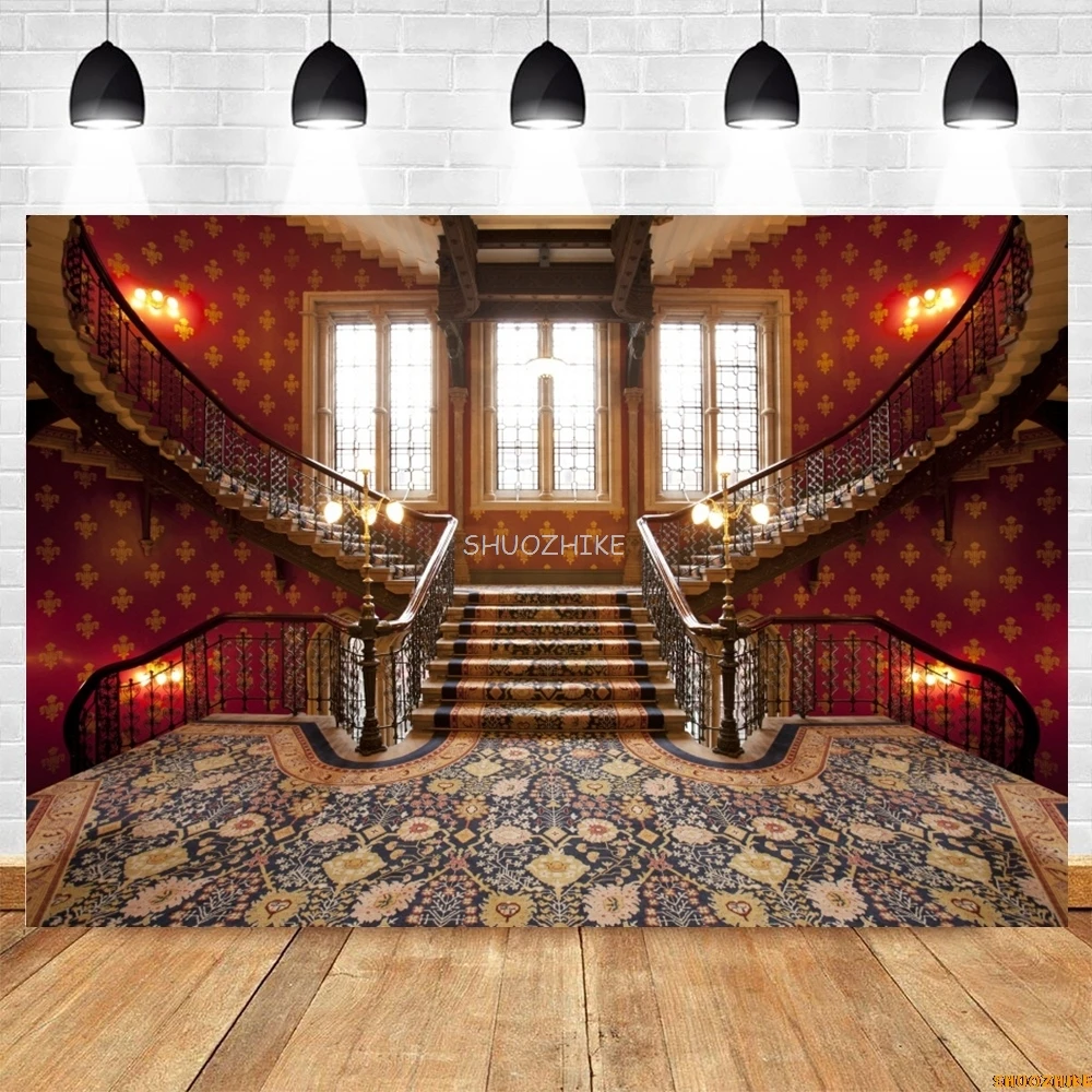 Luxury Palace Castle Photography Backdrop Old Church Red Carpet Stairs Wedding Portrait Baby Birthday Photocall Background Decor
