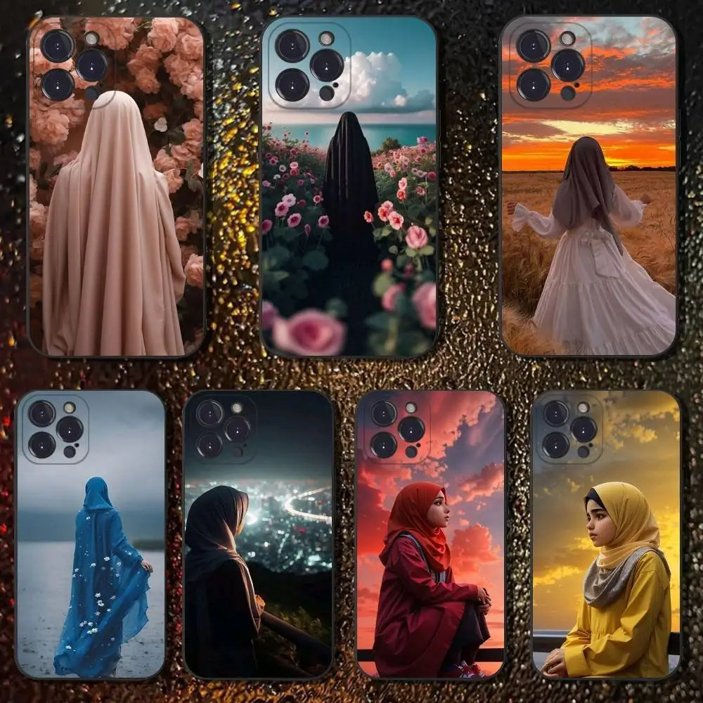 

Muslim Arabic Girl Phone Case For iPhone 16,15,14,13,12,11 Plus,Pro Max,XS,X,XR,SE,Mini,8,7,Soft Silicone Black Cover