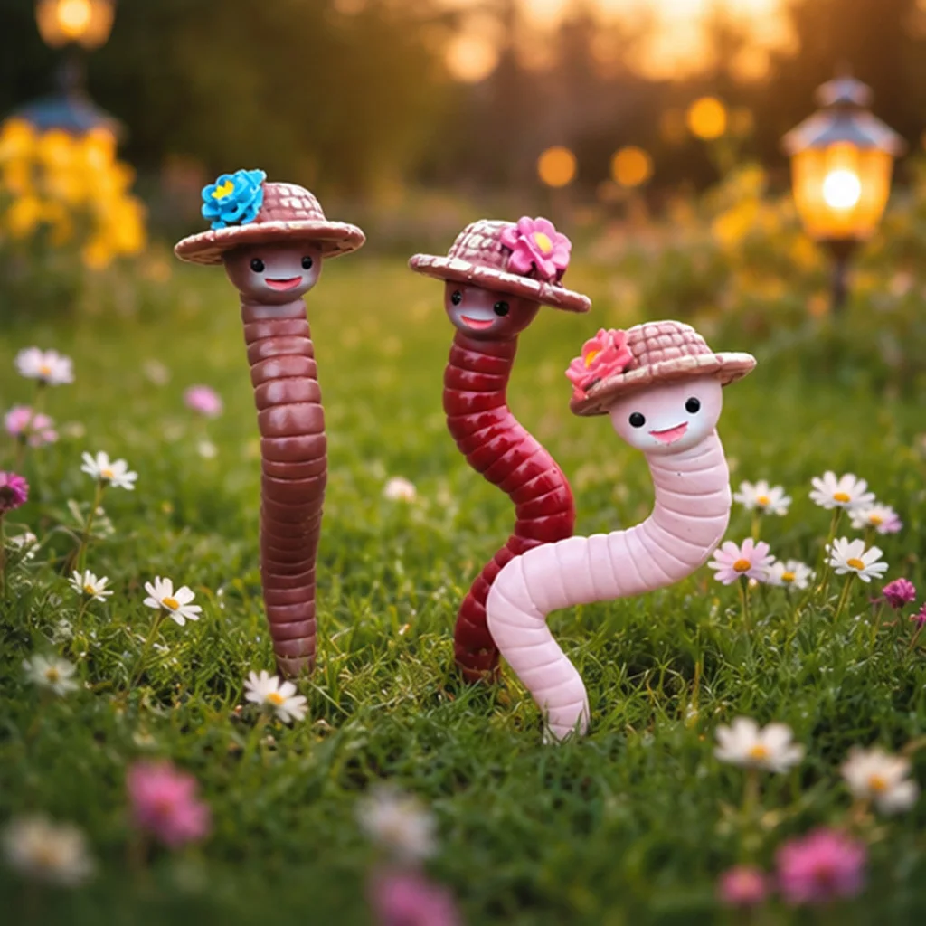 3Pcs Cute Resin Worm Garden Stakes Miniature Fairy Plant Markers Funny Insect Flower Pot Decor Gift for Plant Lover