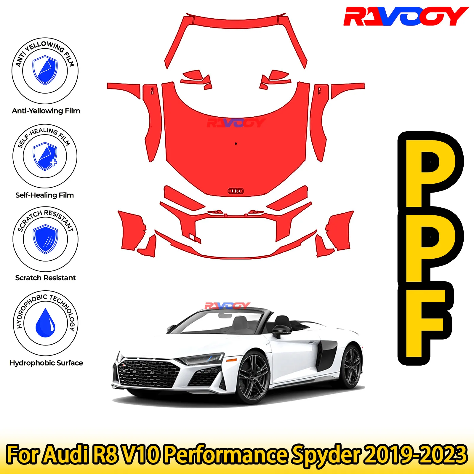 

For Audi R8 V10 Performance Spyder 2019-2023 Glossy Matte Black Precut front PPF Kit Paint Protection Film
