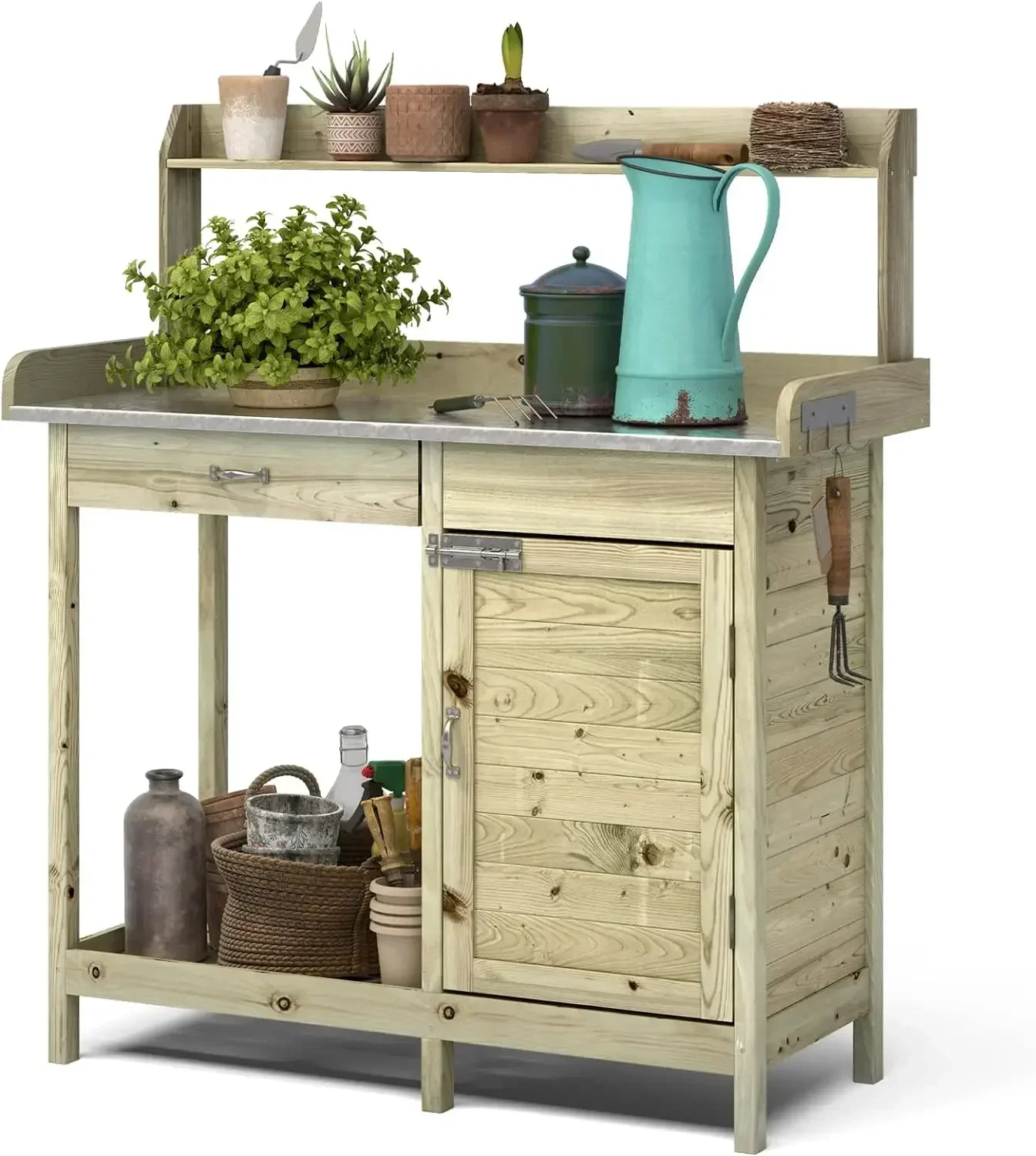 Wooden Potting Bench Tables Fir Work Station Table Outdoor Garden Potting Table with Cabinet Hook Storage Bottom Shelf