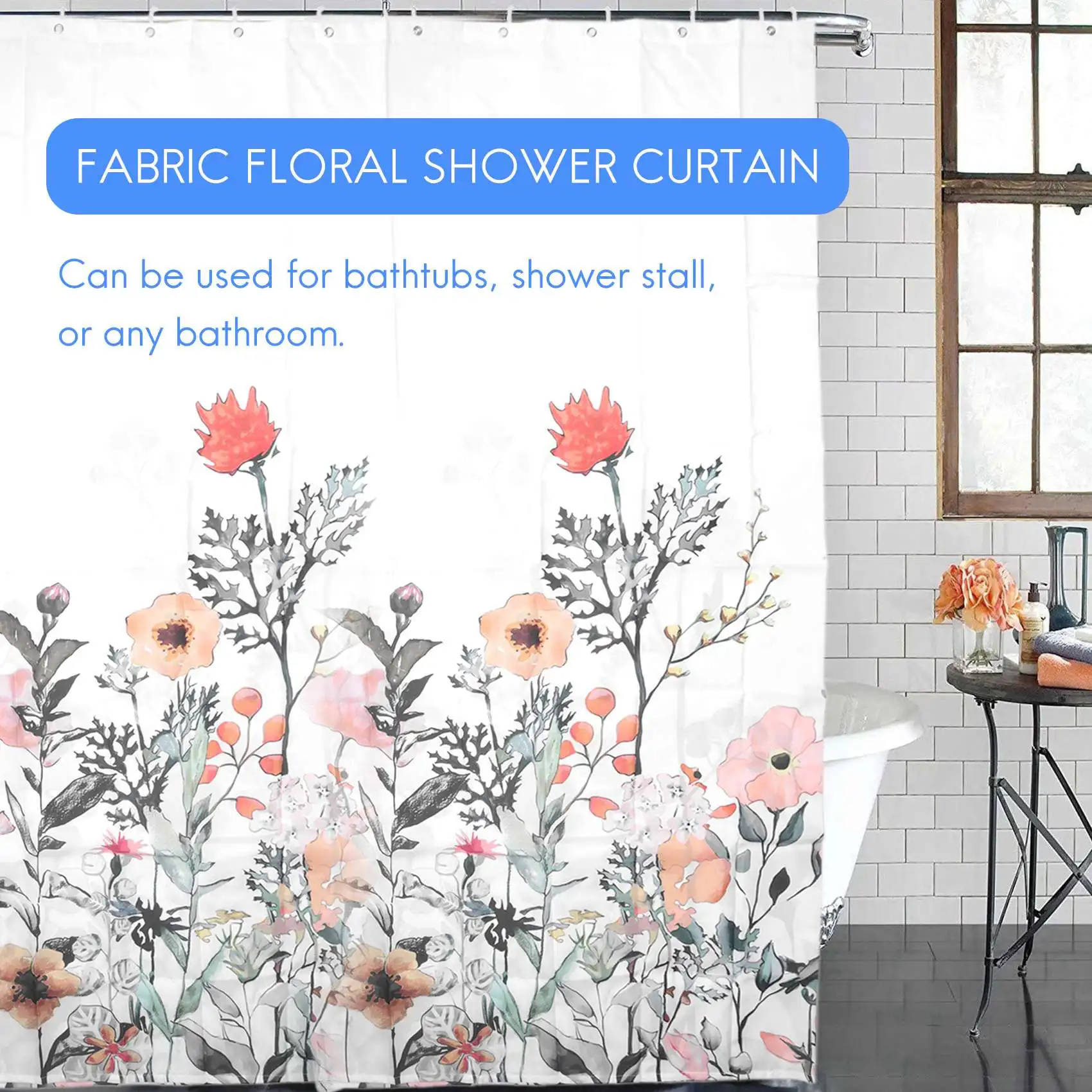 AA83 Floral Shower Curtain with 12 Hooks Watercolor Botanical Flowers Decorative Bath Curtain Modern Bathroom Accessories