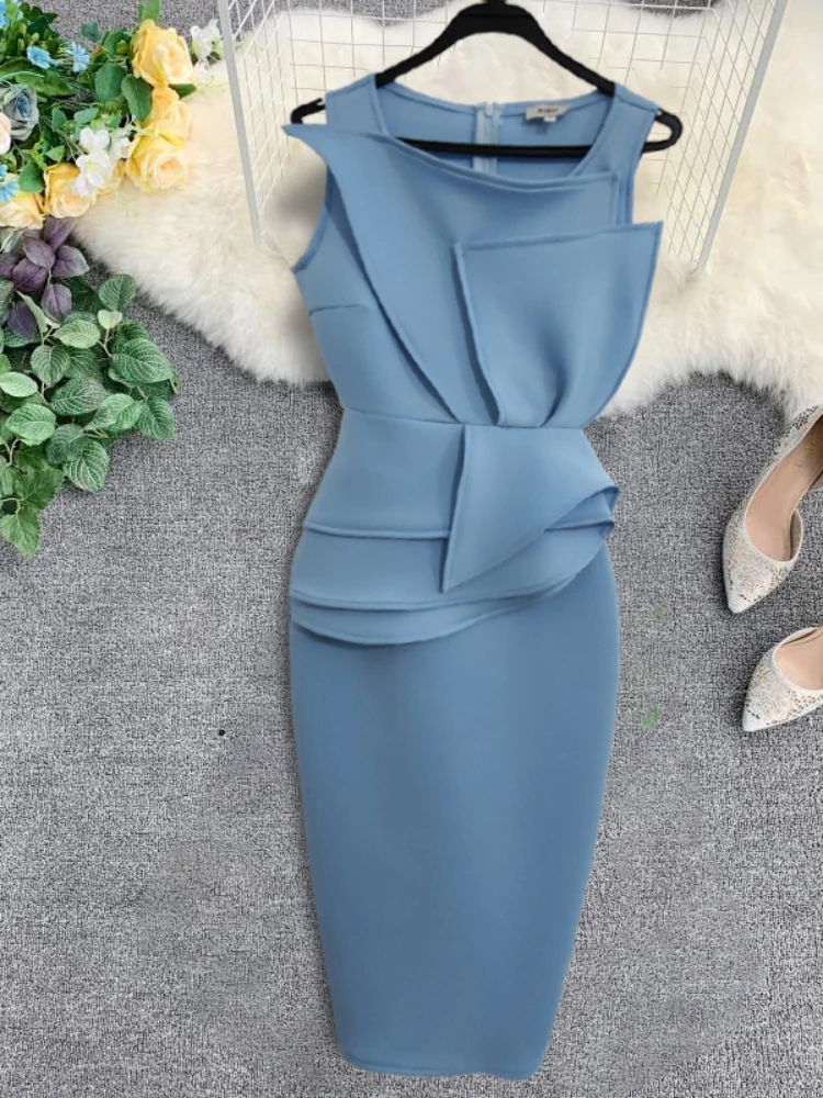 Elegant Blue Women Sleeveless Midi Dress Party Event Peplum Ruffles Occasion Dresses Event Celebrate Vestidos Feminino Robes 2XL