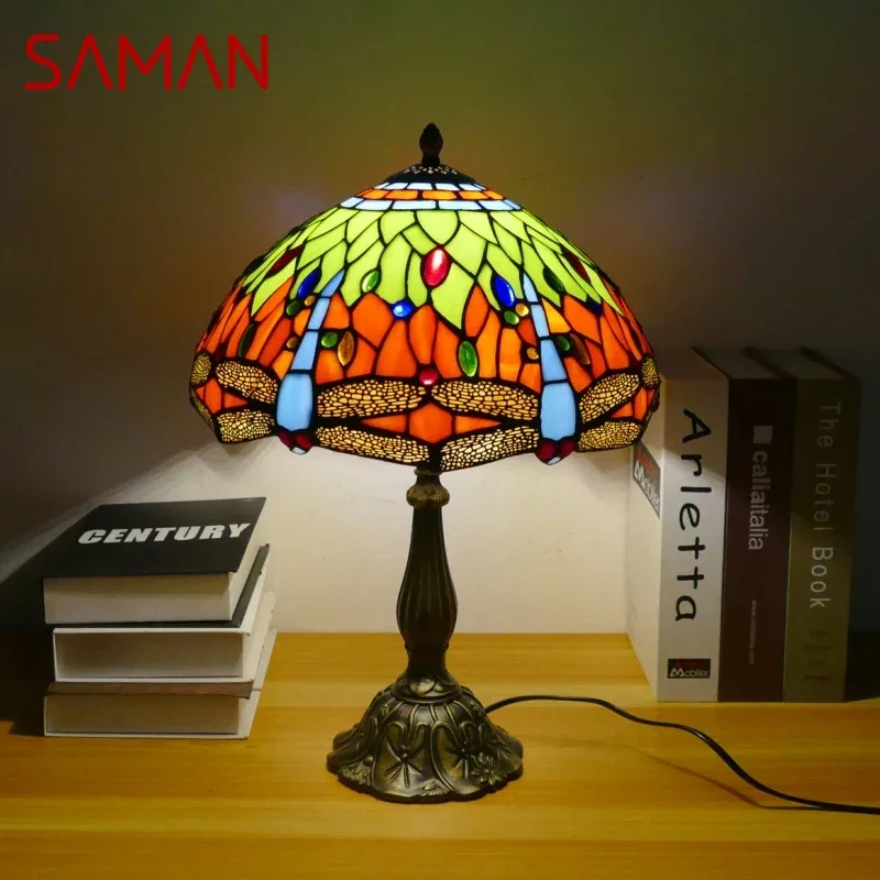 

SAMAN Tiffany Table Lamp American Retro Living Room Bedroom Lamp Luxurious Villa Hotel Stained Glass Desk Lamp