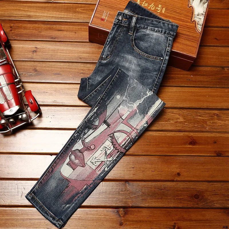 High-grade printed fashion jeans men's slim fit light luxury casual trend washed stretch denim long skinny pants