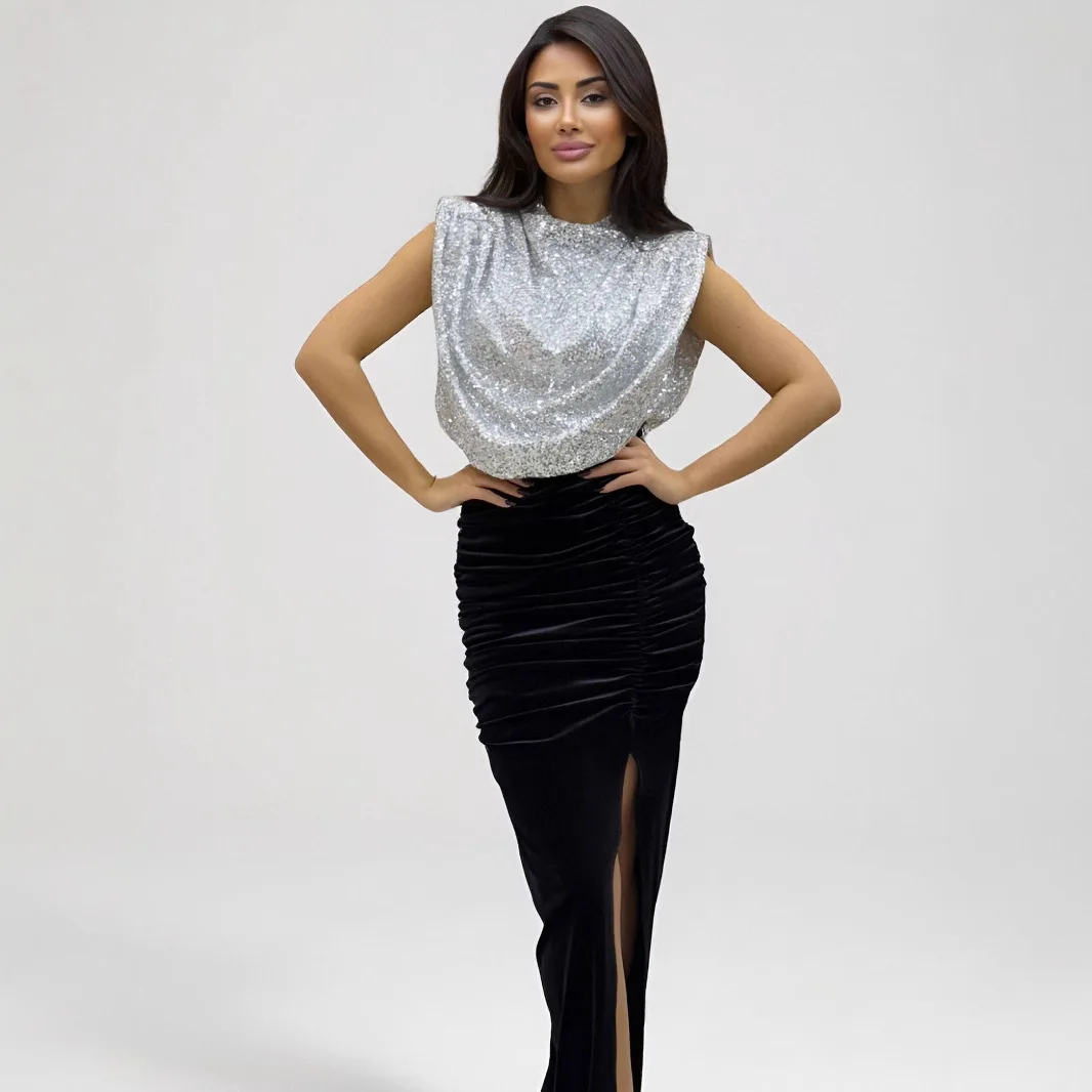 Sequin splicing high-slit skirt sleeveless slim night party shiny and eye-catching clothes