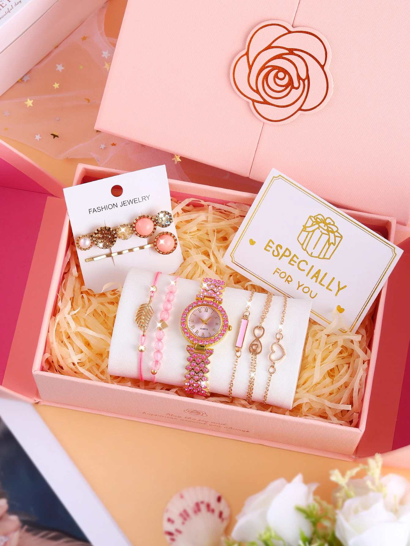 

School Girl Pink quartz Watch and hairpin bracelet Card Magnet Gift Set for back-to-school season selection