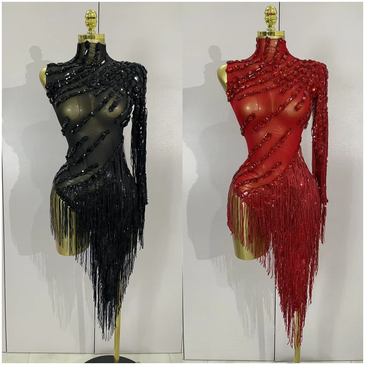 

Сексуальное прозрачное платье с блестящими стразами и кисточками, женская одежда на одно плечо для латинских танцев, сценический костюм для ночного клуба и вечеринки