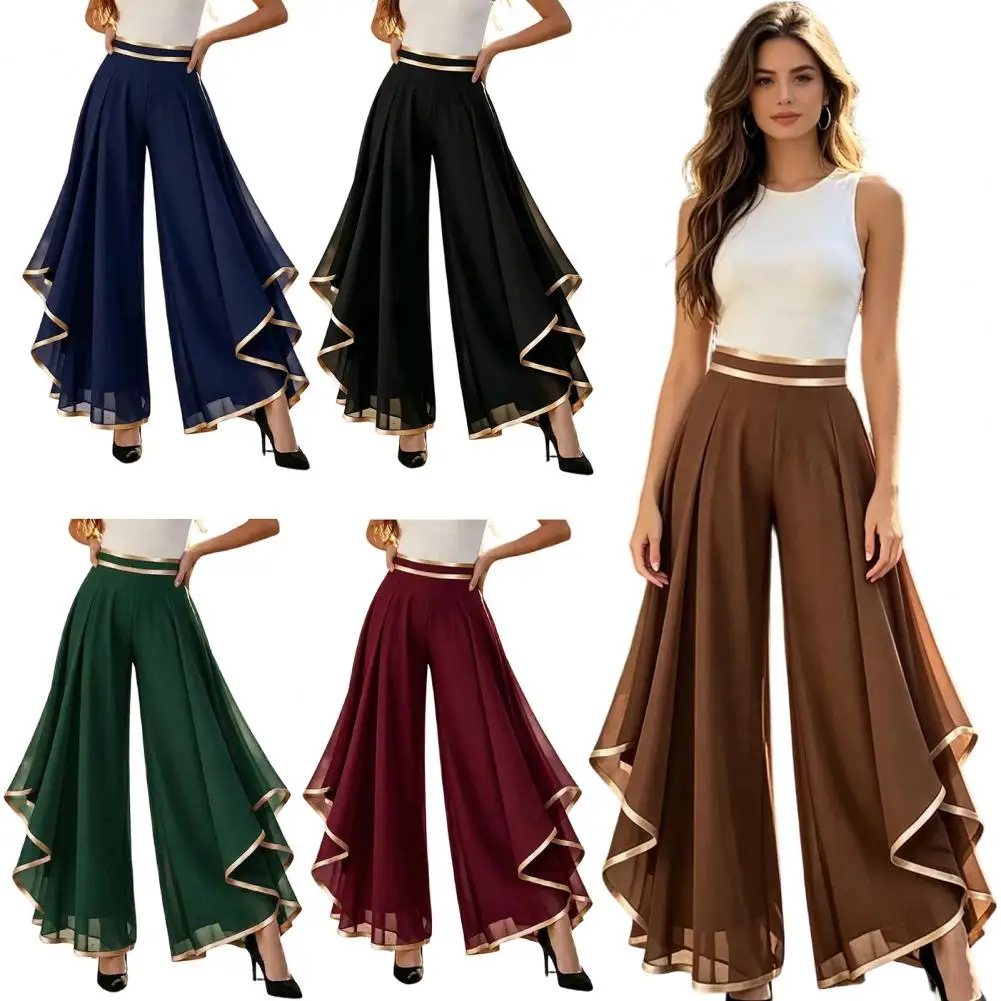 Chiffon Lightweight Breathable Pants Women Wide Leg Pants High Waist Elastic Trousers Fashion Double-layer Side Seam Pants