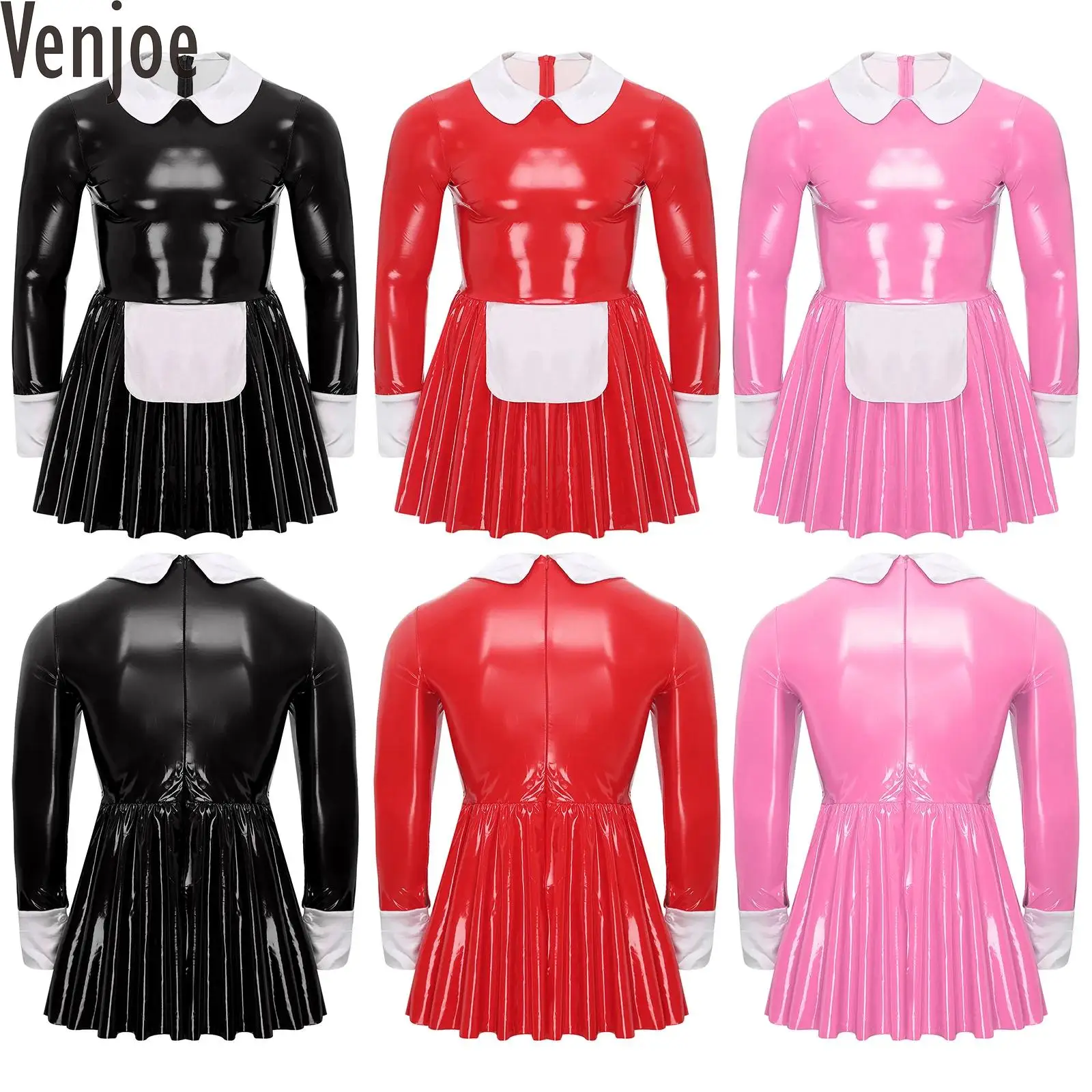 Mens Wetlook Patent Leather Maid Dress Long Sleeve Satin Apron Tulle Underskirt A-Line Sissy Dress for Halloween