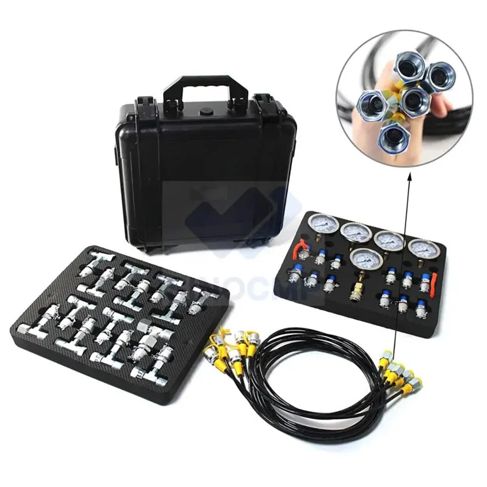 Excavator Hydraulic Pressure Test Kit with 5 Gauges 13 Couplings and 14 Tee Connectors Pressure Gauge For CAT CASE John Deere