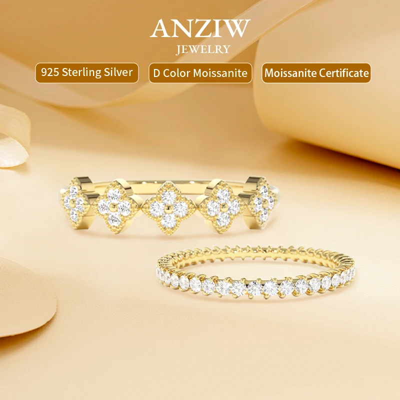 

Anziw Lucky Clover Flower Муассанит Набор свадебных колец для женщин Серебряные кольца 925 Штабелируемые кольца Очаровательный комплект украшений на палец 2025 Новый