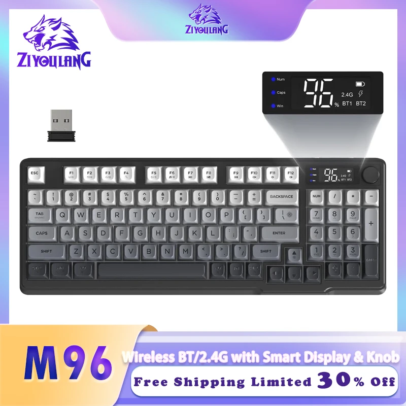 

ZIYOU LANG M96 Wireless Keyboard, Low Profile Quiet Typing Membrane Gaming Keyboard with Smart Display & Knob, RGB Backlit
