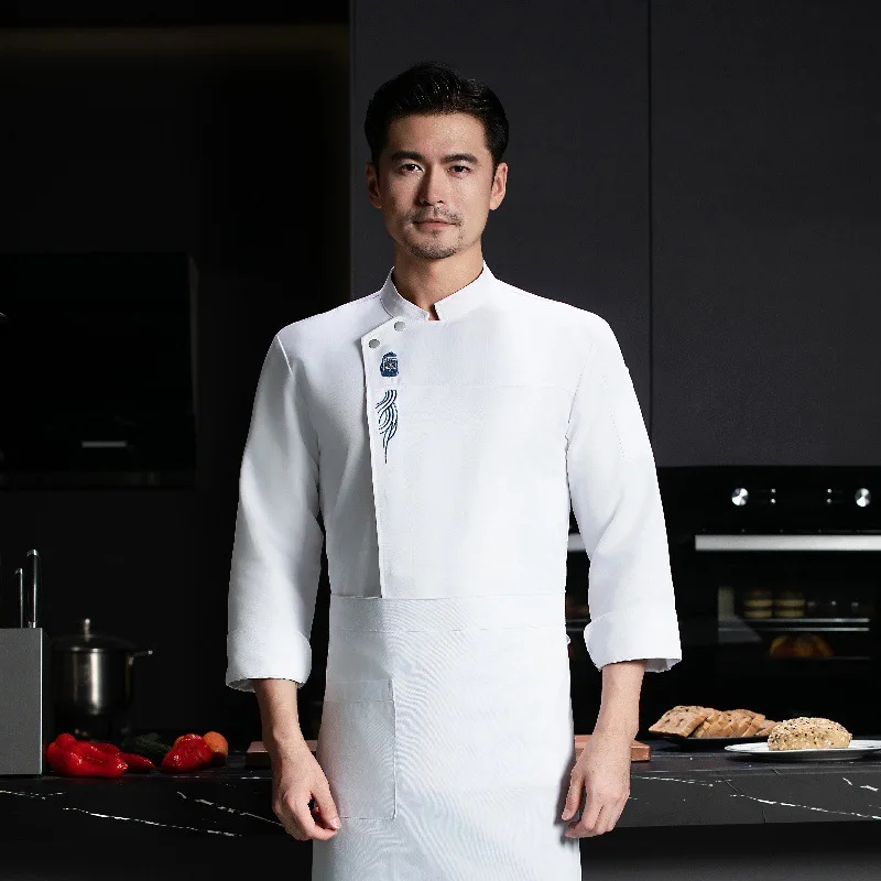 High-End Hotel Chef Overalls Men's Long-Sleeved Dining Kitchen Polyester Cotton Work Wear Restaurant Kitchen Breathable plus Siz