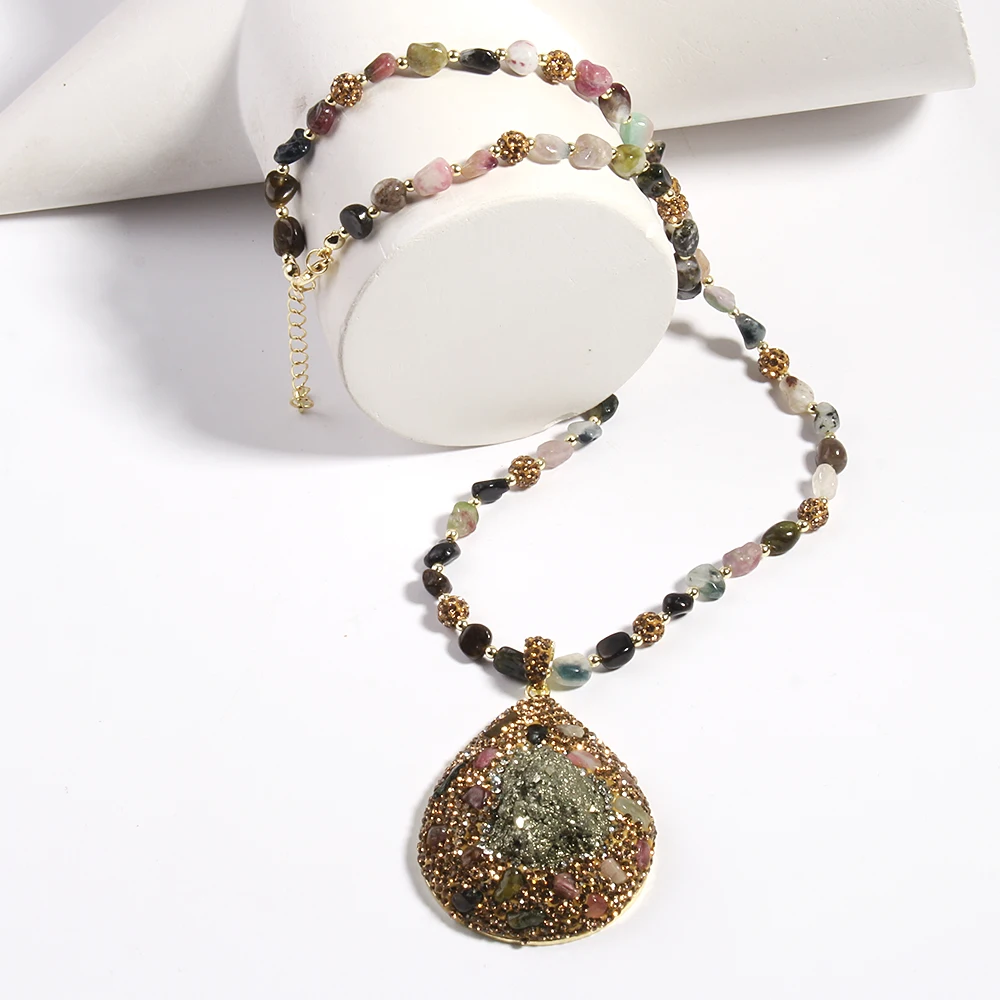 New Beautiful French Style Jewelry Chip Tourmaline Rhinestone Pava Ball Necklace Irregular Iron Tourmaline Drop Charm Necklace