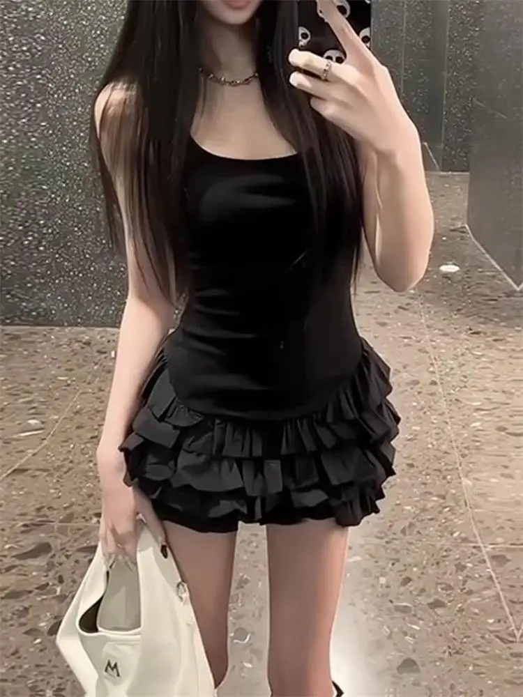 Mini abiti sexy senza maniche con scollo a U Moda donna Estate Nuovo bianco solido Y2K Ruffle torta pieghettata aderente Abiti da festa casual