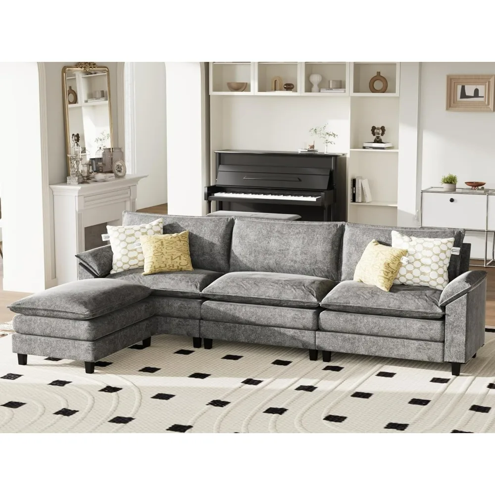 Modular fabric reversible L-shaped 3-seater combination sofa with footstool, used in living rooms and apartments