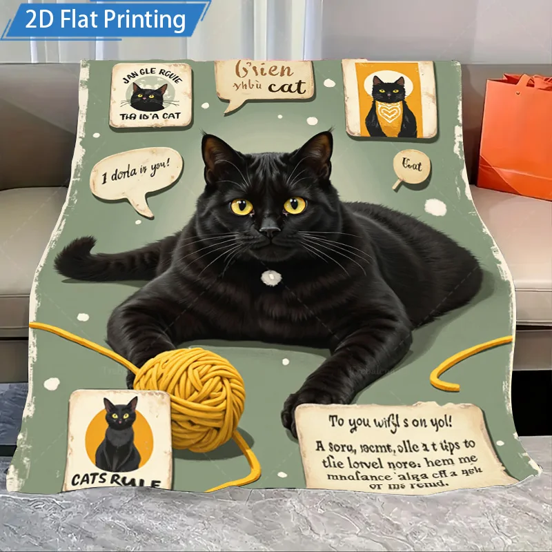 1pc Flannel Blanket Cute Black Cat Fleece Blanket with Funny Quotes and Yarn Design for Cozy Home Decor