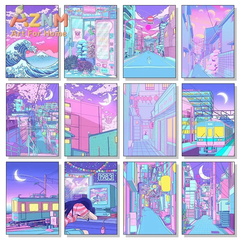 80s Neon City Street Vaporwave Canvas Posters Japan Street Moon Anime Decoration Painting Wall Art Print Kids Kawaii Room Decor