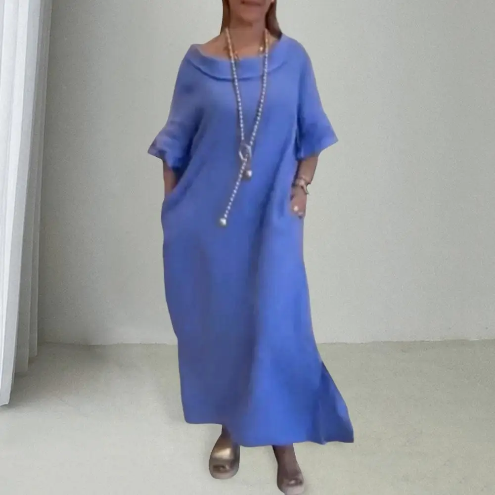 Ankle-length Dress Stacked Collar Dress Elegant Summer Maxi Dress with Pockets Side Split Half Sleeves Ruffle Cuff for Women