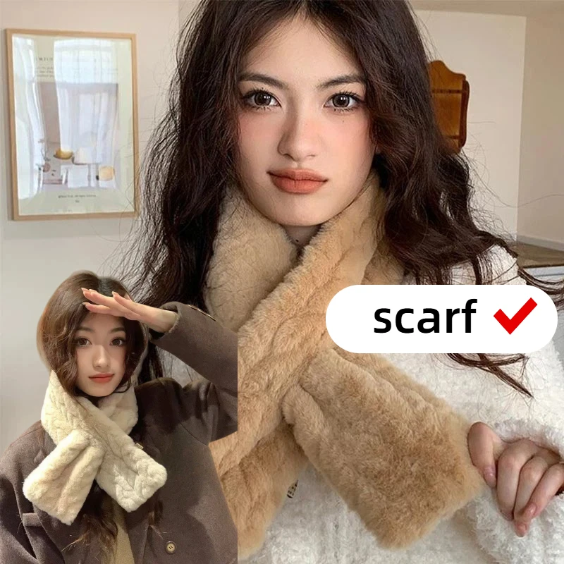 Solid Color Versatile Cross Short Scarf Winter Thick Warm Scarf Korean Women Winter Fur Scarf Neck Warmer Winter Accessories