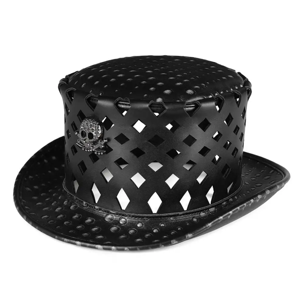 Gentleman Fedoras Streampunk PU Leather Black Round Cap Hollow Out Diamond Shape Skull Decorative Plague Doctor Dome Magic Hat