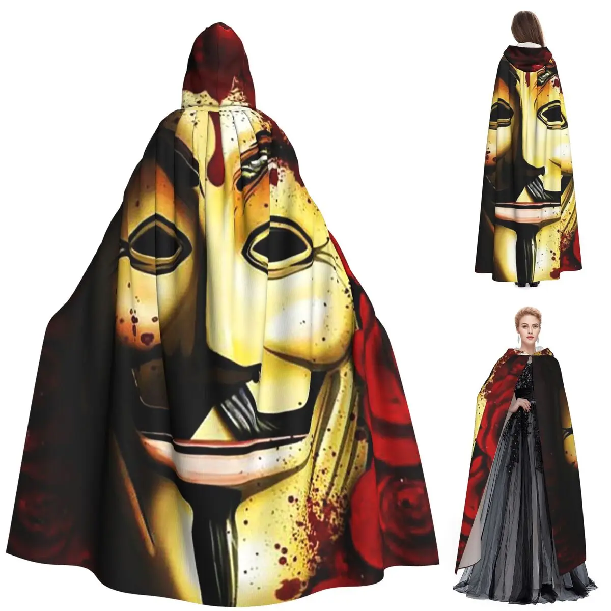 

Guy Fawkes Mask Long Hooded Cloak Witch Medieval Costume Cosplay Cape HalloweenParty Adult Unisex