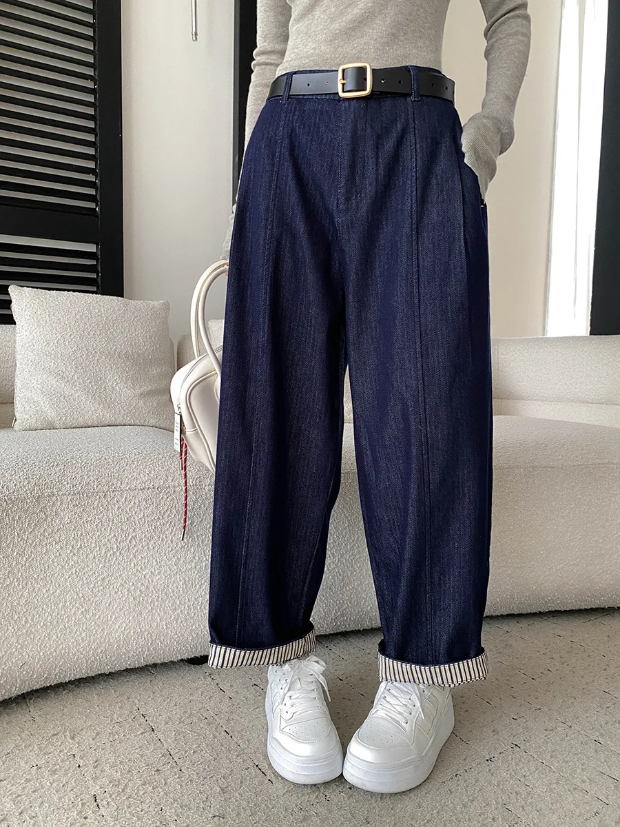Autumn women's casual retro contrasting striped rolled edge semi elastic waist wide leg jeans