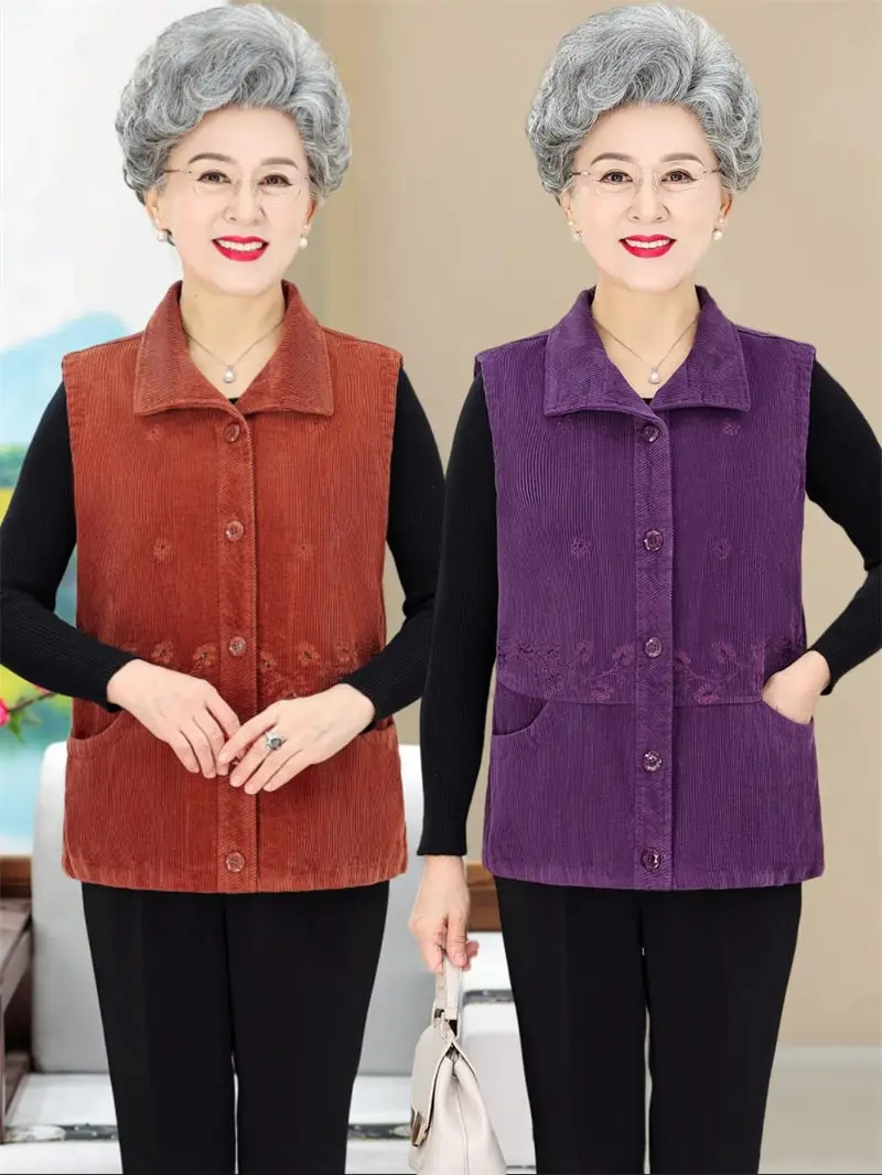 

Mom's Spring And Autumn Corduroy Vest Jacket Middle And Elderly Women's Large Size Tank Top Sleeveless Waistcoat K199