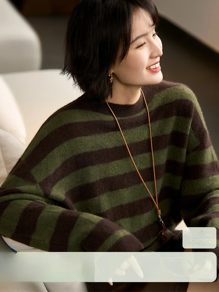 

Fangqing Song Women's Camere Knitwear Stripe Sweater Autumn New Sle Soft Long Sve round Ne Warm Casual Faion