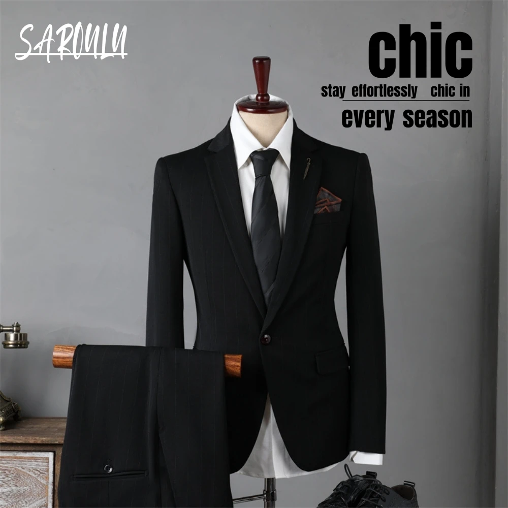Decent Slim Men's Suit Casual Jacket Pants 2-pieces Mature Set Office Business Tuxedo Stylish Groom Wear Formal Party Outfit