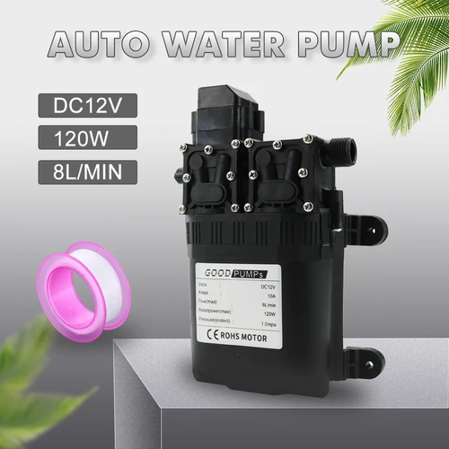 Bomba de agua automática de 12V CC, bomba de agua de diafragma de alta presión, bomba autocebante multifuncional eléctrica de 120W y 8L/Min