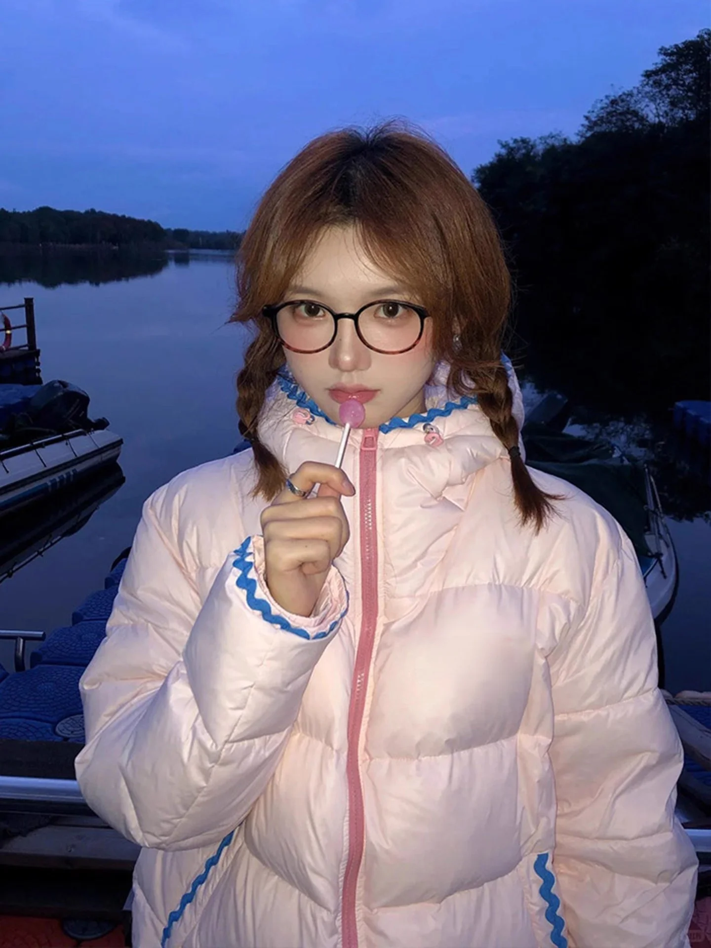 Pink Hooded  Embroidery down Cotton Jacket Women's Winter Thickened Bread Style Coat Warmth Sensation Contrast Color Design