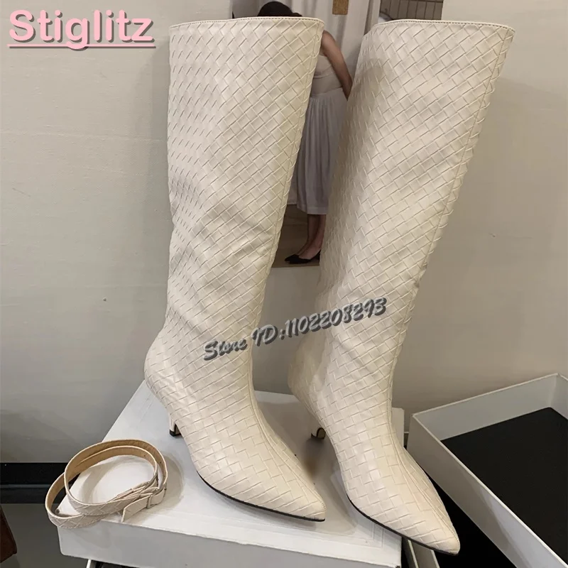 

Plaid Pointed Toe Stiletto Boots Solid Buckle Straps Slip-on Knee-high Boots 2025 Autumn New Fashion Women's Modern Shoes Street