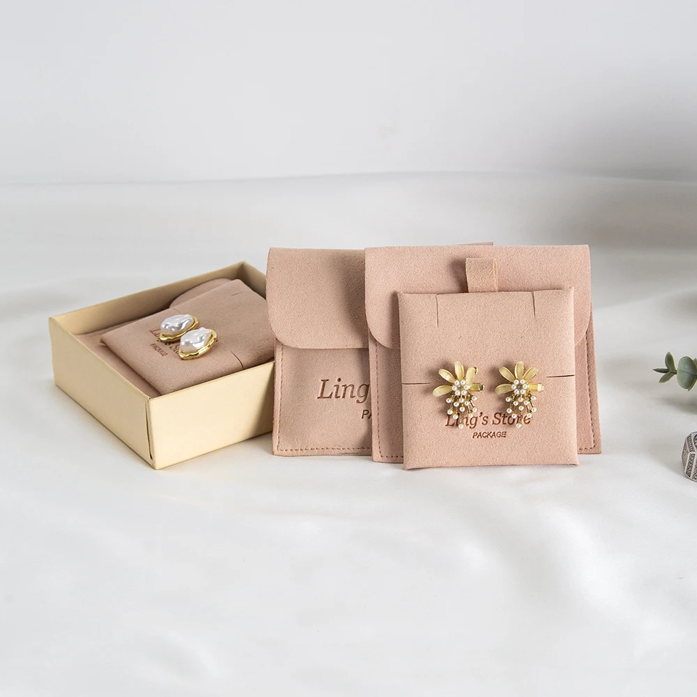 

Custom Logo 8x8cm Microfiber Snap Button Jewelry Bag and 6x6cm Card Set Gift Packaging Pouch Earrings Necklace Storage Organizer
