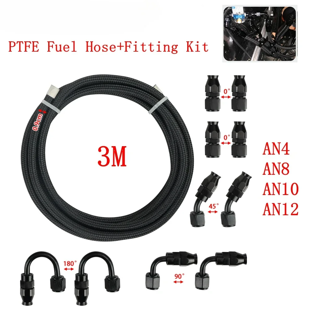 10Pc Universal AN4 AN8 AN10 AN12 PTFE 3M Nylon Braided Fuel Hose End 0+45+90+180 Degree Fuel Hose Fitting Adapter Kit Black