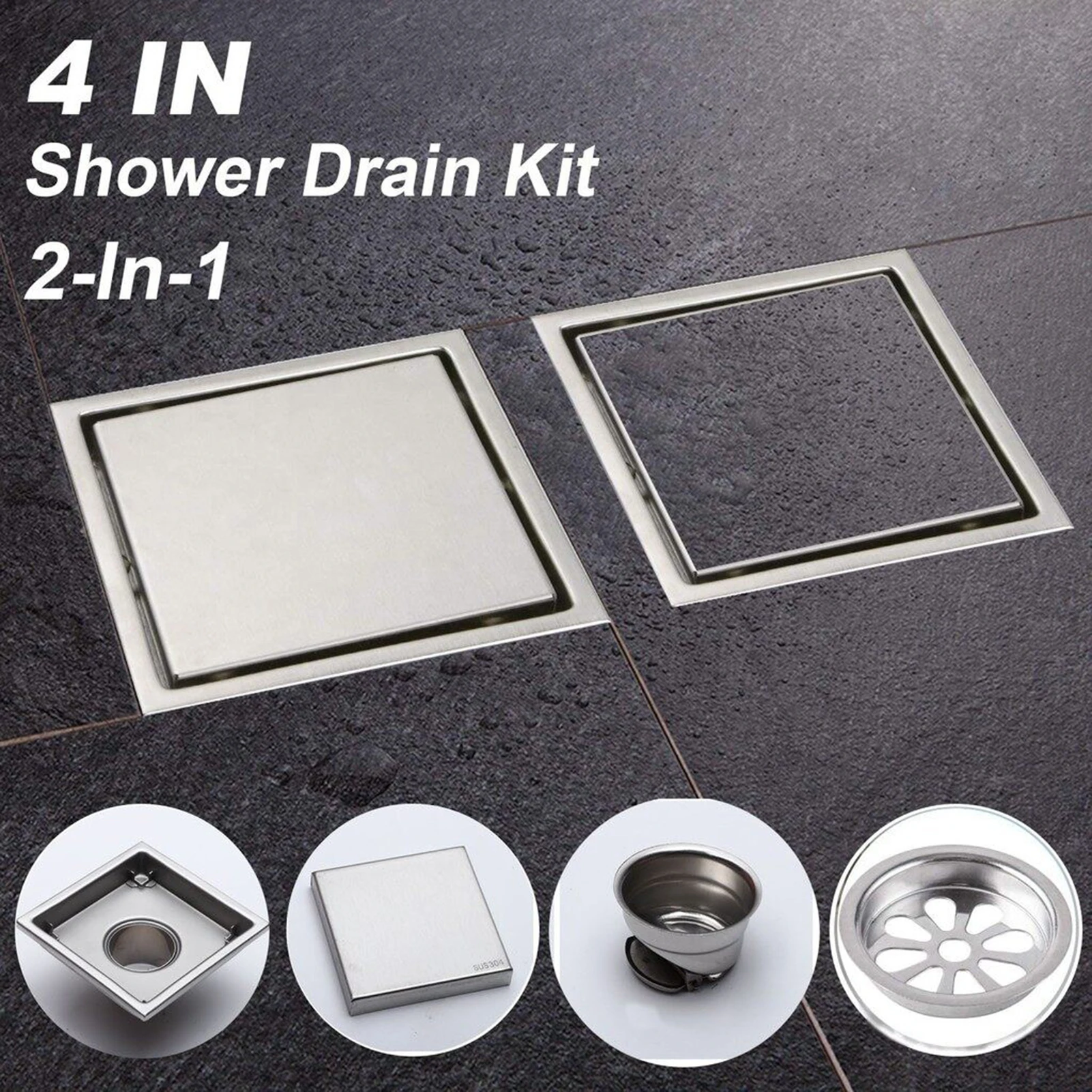 Anti-Clogging Floor Drain Durable for Bathroom Shower Kitchen 4 Inch Stainless Steel Linear Drain Cover Rust Resistant Base