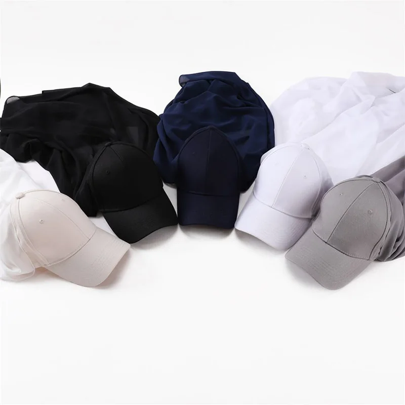 Muslim Baseball Caps With Scarf Jersey Hijab Shawl Solid Color Bandana Turban Hat For Women Ready To Wear Headwrap Bonnet