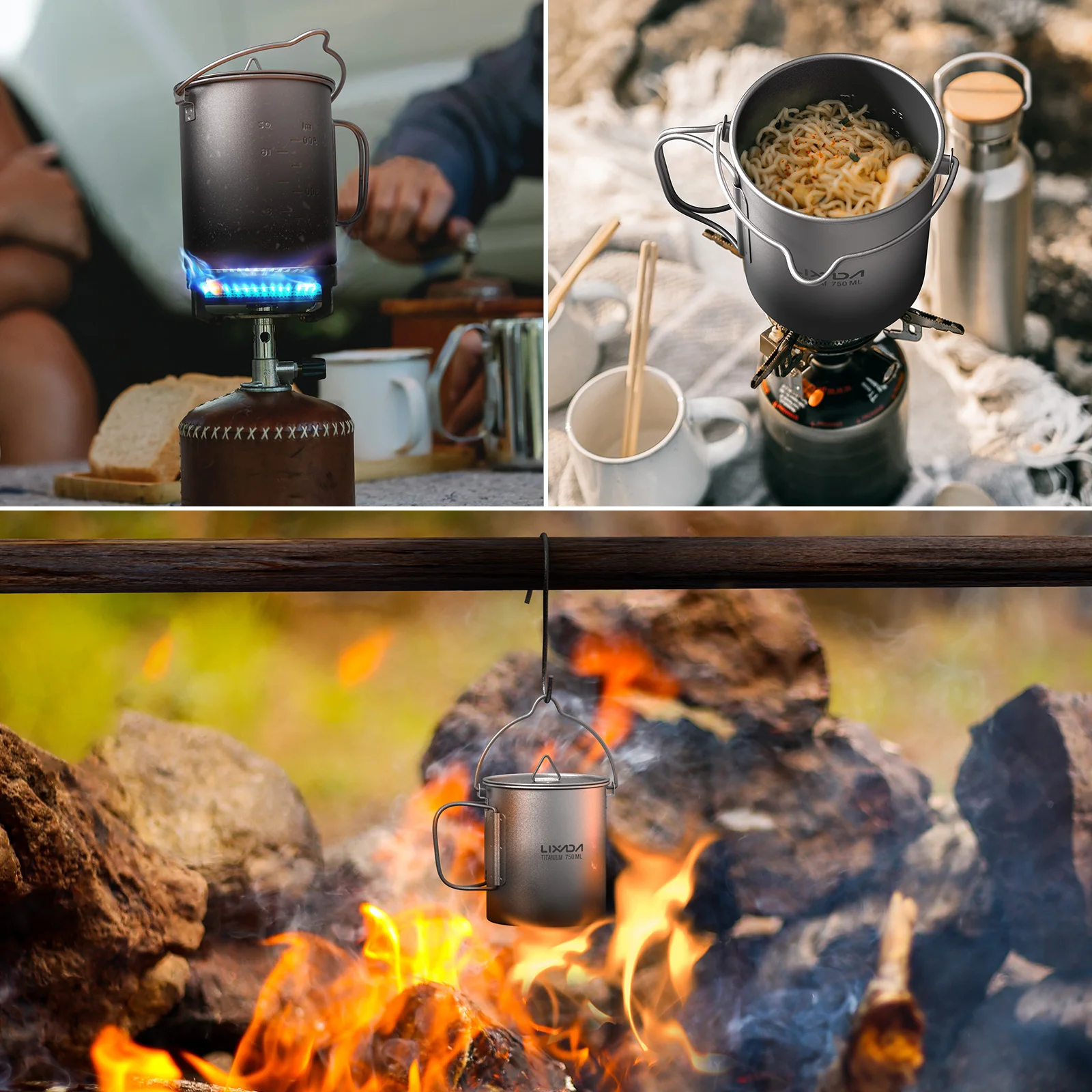 Ultralight 300ml/750ml Titanium Pot Portable Ti Water Mug Cup with Lid and Foldable Handle Fork Spoon Outdoor Camp Cook Picnic - view 3
