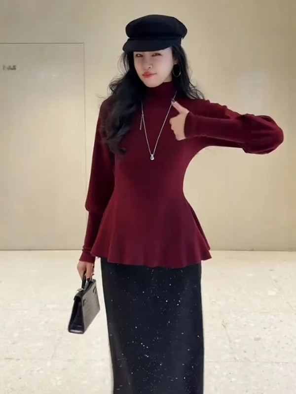 

Cisas Новогодний красный высокий свитер Ne женский осенне-зимний облегающий вязаный базовый слой топ повседневный длинный све