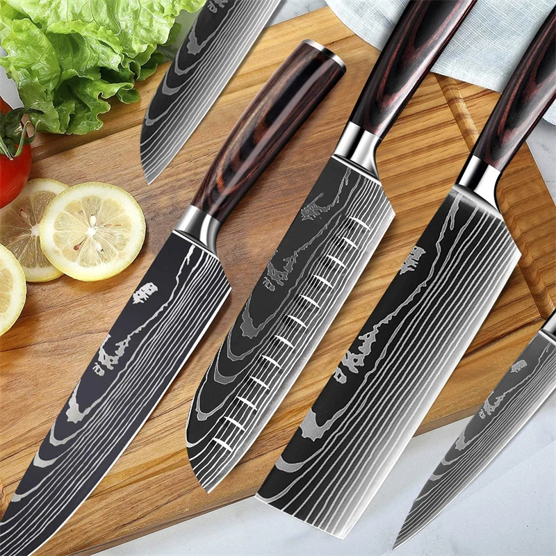 Chef Knife Stainless Steel 1-10PCS Set 7CR17 440C Laser Damascus Pattern Japanese Santoku Cleaver Slicing Utility Kitchen Knives