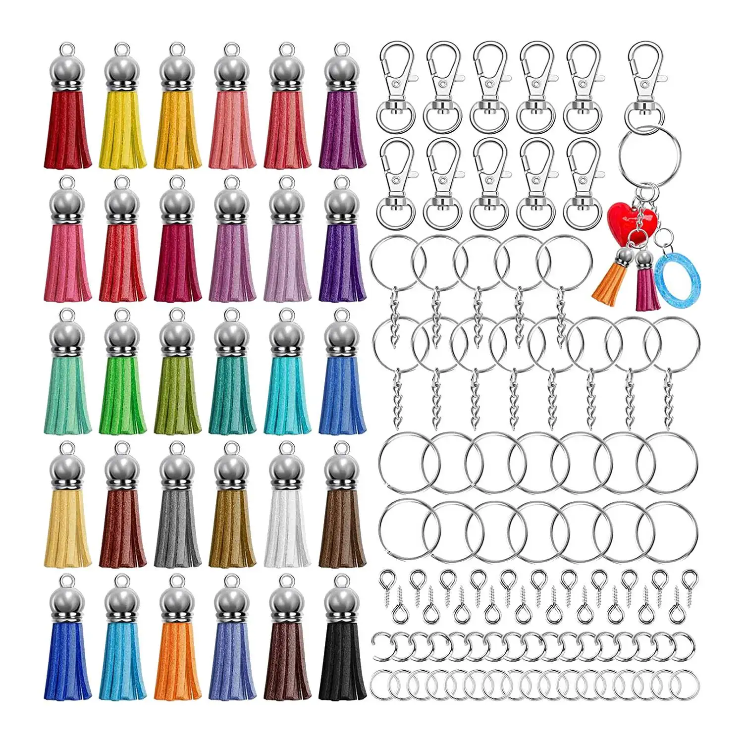 270Pcs Keychain Rings for Craft with Tassels,Extender Chain,Jump Rings and Eye Pins,for Keychain Making Supplies