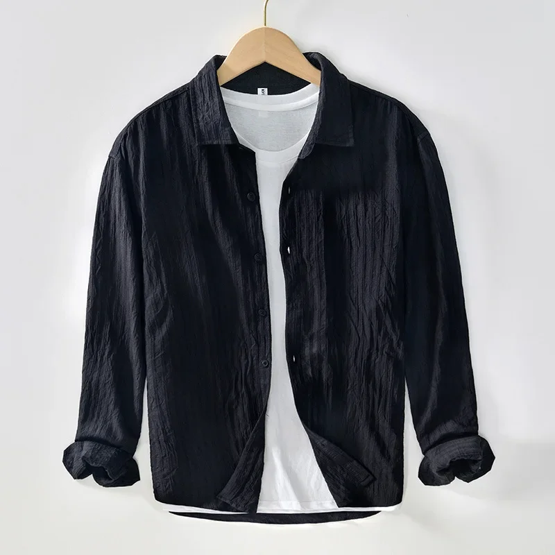 

2023 Men's New Fresh Basic Art Solid Long Sleeve Shirt Made of Artificial Cotton Thin Versatile Shirt