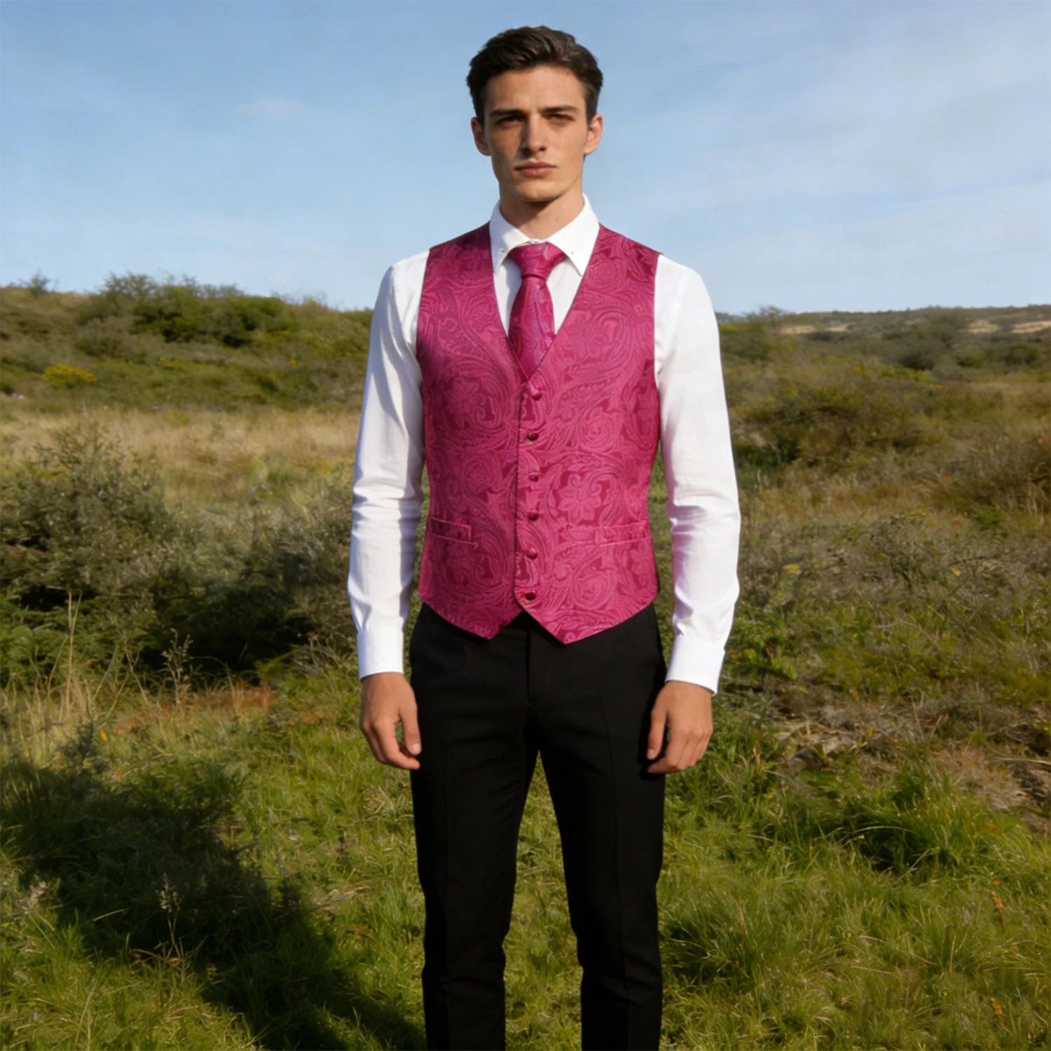 

Мужской комплект: жилет цвета розовой розы с цветочным узором, галстук, платок и запонки – для официальных мероприятий, свадеб, вечеринок, подарок для банкетов
