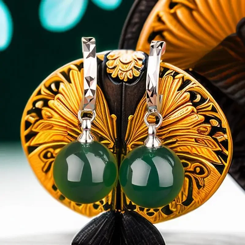 Green Real Jade Bead Earrings Charm Amulet Women Fashion Carved Gift 925 Silver Luxury Natural Jewelry Gemstone Energy Vintage