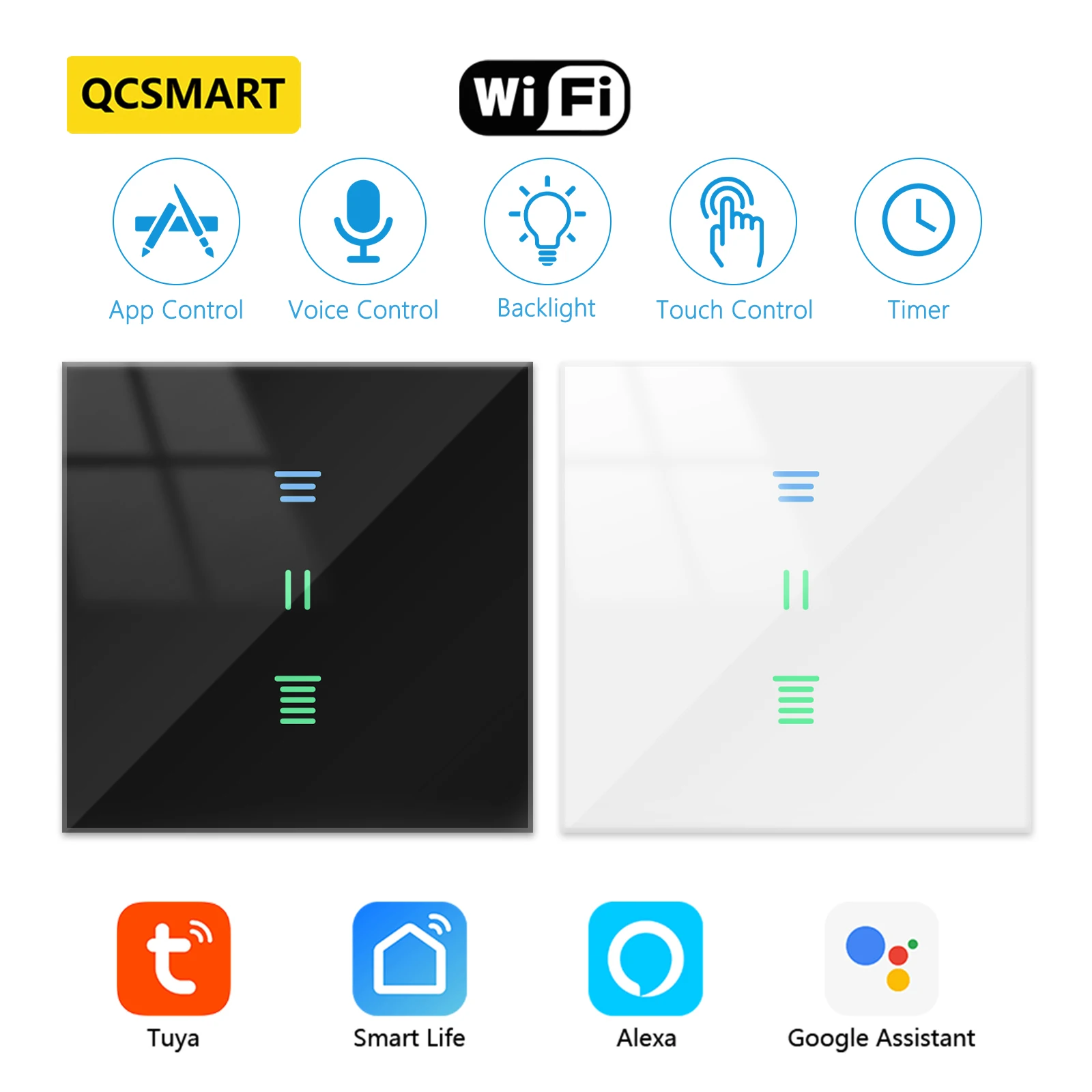 QCSMART Tuya Smart Life WiFi Blinds Switch Backlight App Remote Control Timing Voice Operate by Google Home Alexa Voice Control