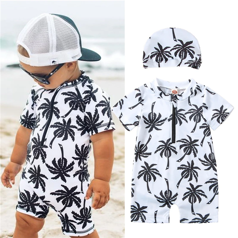 

Newborn Infant Baby Boy Swimsuit with Hat Cartoon Tree Print Short Sleeve Round Neck Half Zipper Jumpsuit Bathing Suit