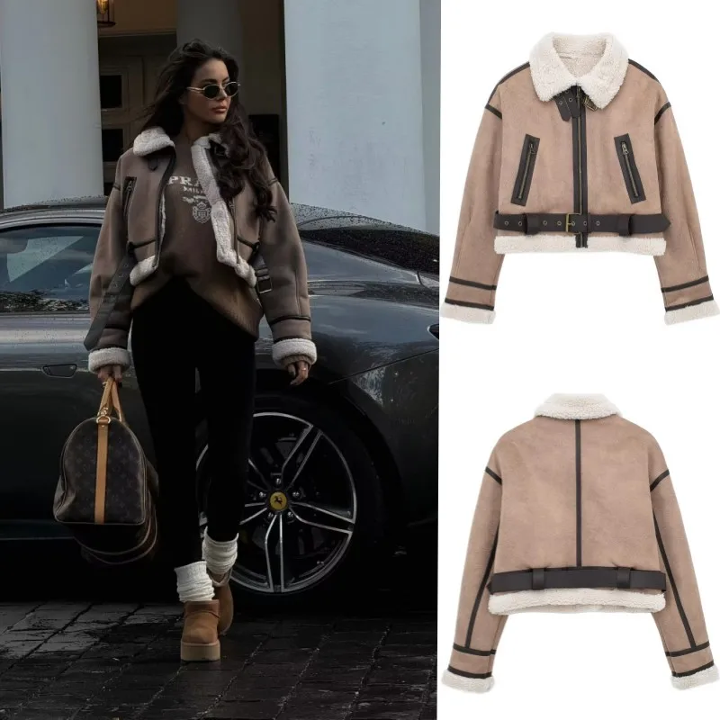 2024 TRAF New synthetic sheepskin women\'s Coat Thickened thermal bomber Jacket Y2K lapel vintage winter fashion