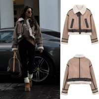 2024 TRAF New synthetic sheepskin women's Coat Thickened thermal bomber Jacket Y2K lapel vintage winter fashion